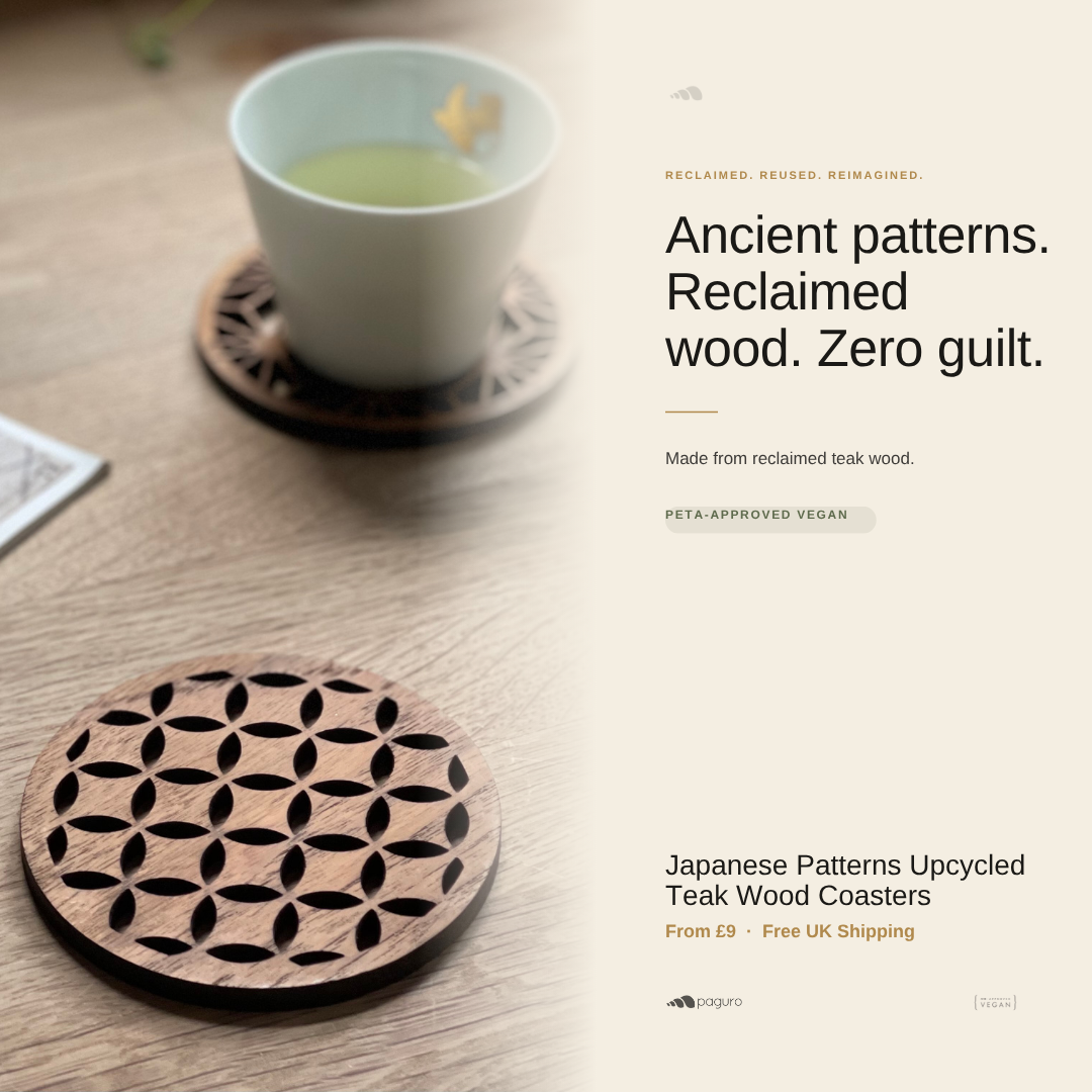 Japanese Patterns Upcycled Teak Wood Coasters - Individual / Set of 4