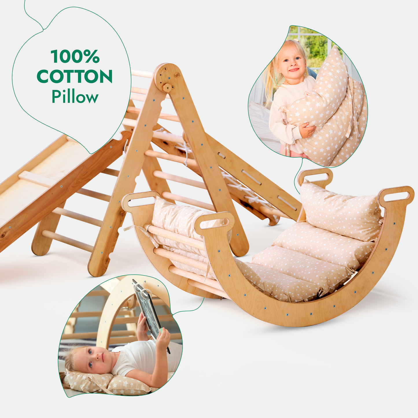 5in1 Montessori Climbing Frame: Pikler Triangle + Arch/Rocker + Slide Board/Ramp + Netting rope + Cushion