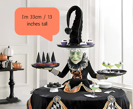 13 inch tall - Reusable witch themed Halloween dessert stand displaying cupcakes for a spooky party table setting.